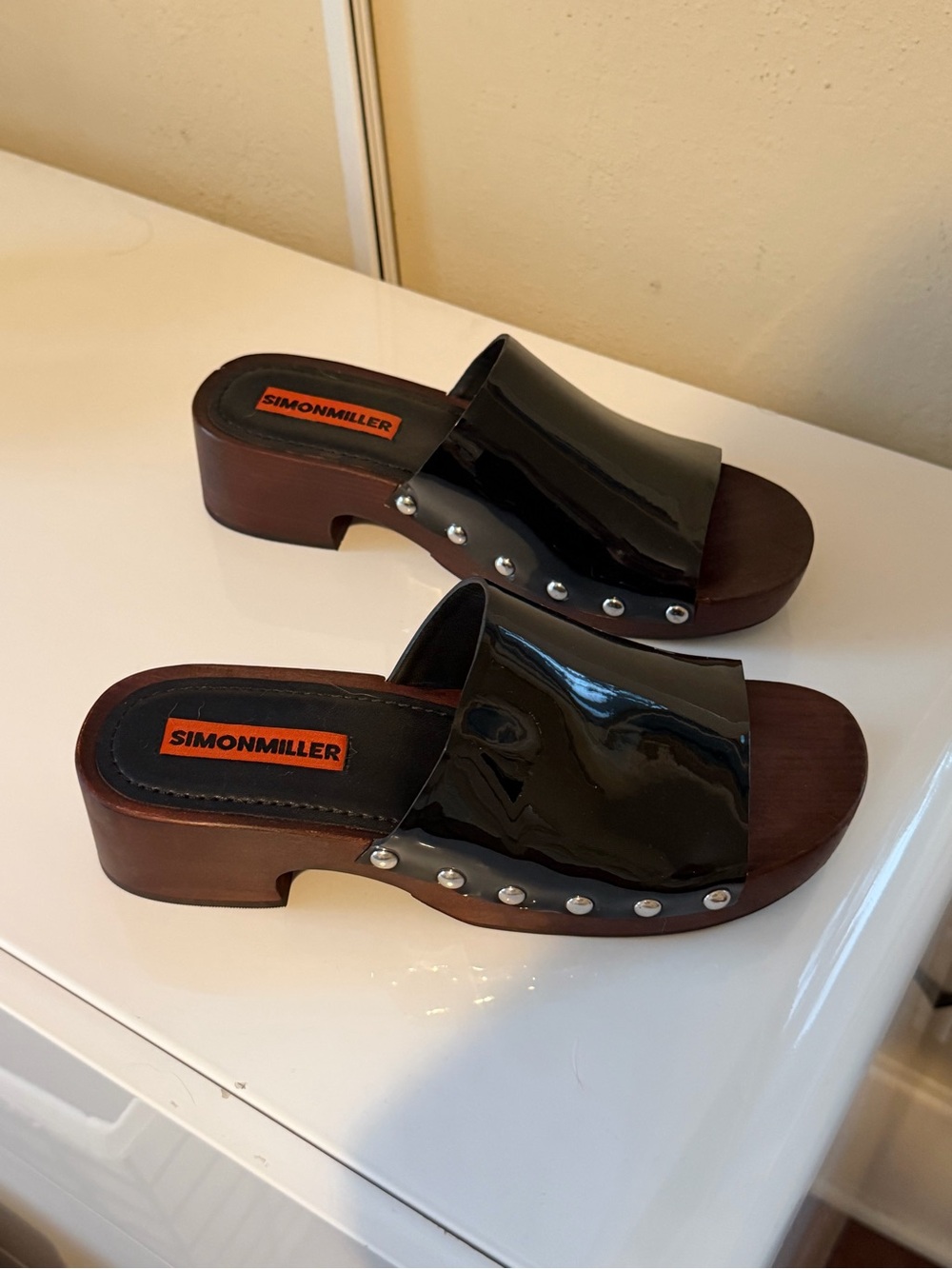 Simon Miller Black Patent Leather Wood-Platform Clog Mules - Picture 4 of 4